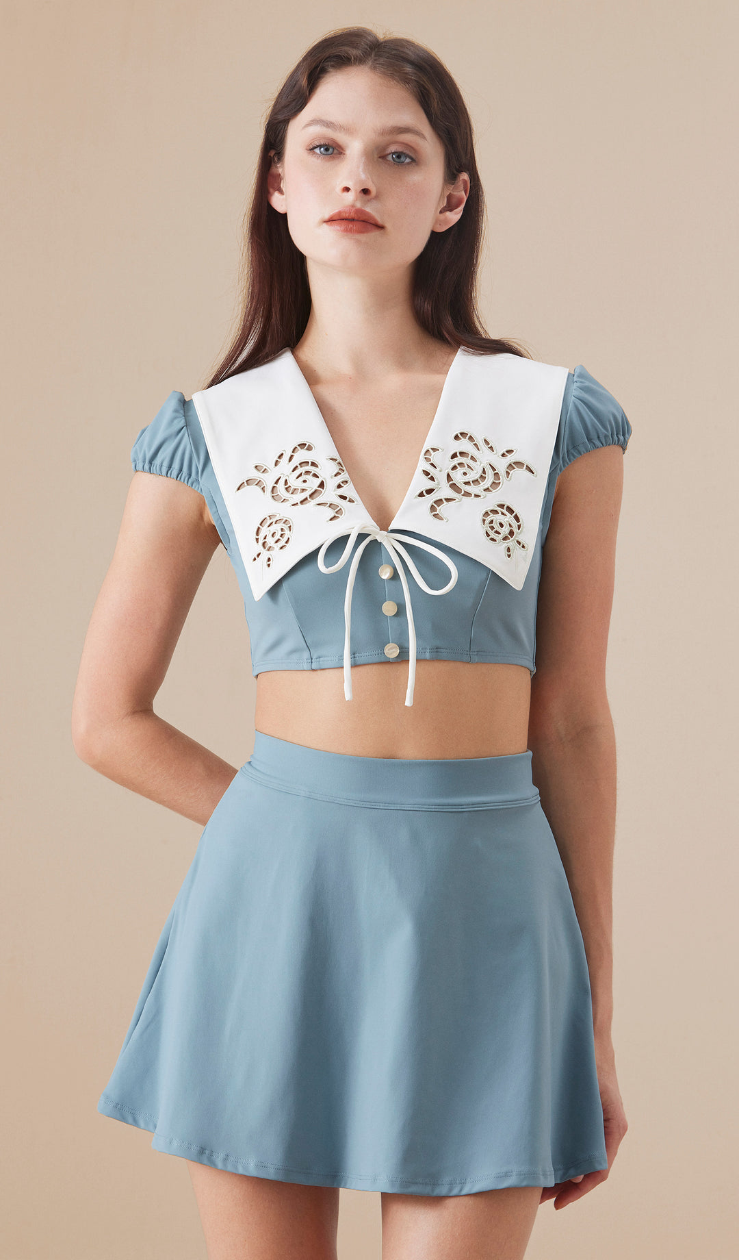 LIVIA Embroidered Sailor Bikini Set with High-Waist Skirted Bottom